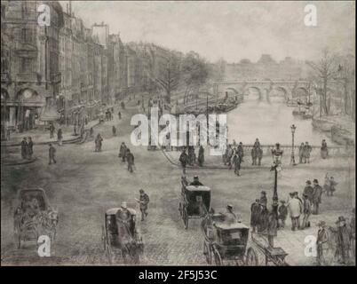 Paris, la place de Saint Michel avec le quai des Grands Augustins et le pont Saint Michel au premier plan et le pont neuf et le Louvre à l’arrière plan. Banque D'Images