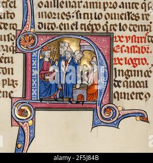 N initial : trois hommes parlant devant un roi et un autre homme échangeant un goblet pour une porte d'argent avec un juif. Banque D'Images