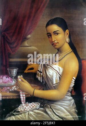 Raja Ravi Varma, Dame avec guirlande de fleurs. Banque D'Images