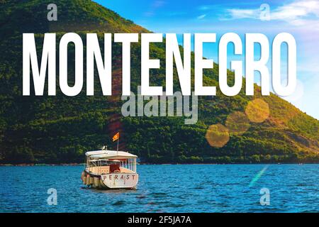 Voyage au Monténégro concept de carte de voeux ou poster avec un bateau Banque D'Images