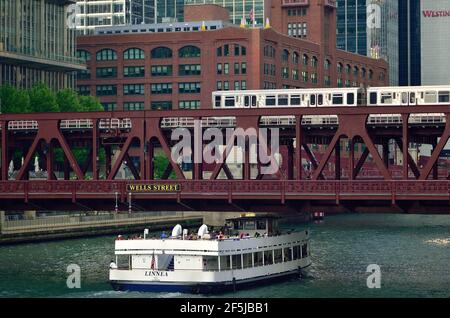 Chicago, Illinois, États-Unis. Un bateau d'excursion passant sous le pont de Wells Street alors qu'un train de transit rapide CTA Brown Line traverse au-dessus du pont, Banque D'Images