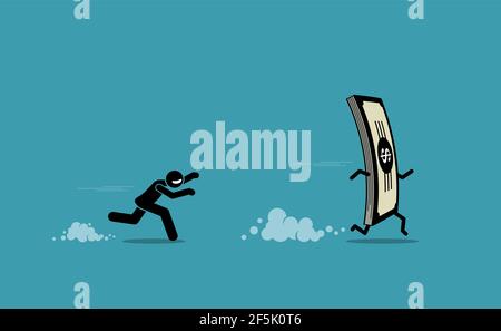 Homme courant et chassant après un argent épuisé. Illustration vectorielle concept de l'obsession de l'argent, impatient, et cupide. Illustration de Vecteur