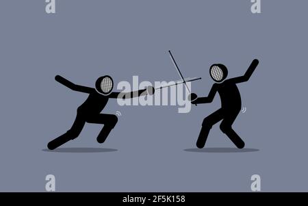 Deux tireurs qui se battent dans un jeu de sport d'escrime. Vecteur illustration concept d'escrime, duel, compétition, rival, adversaire, guerrier, contre, et combat. Illustration de Vecteur