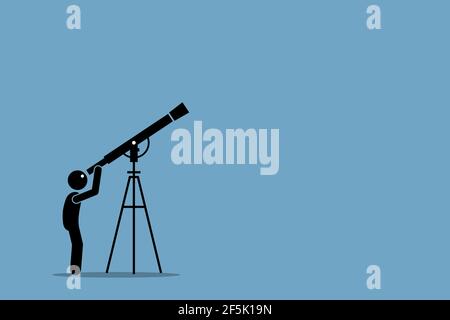 Bâton figure homme regardant à travers le télescope pointant vers le ciel. Illustration vectorielle concept de l'observation des étoiles, découverte de l'univers, lointain lointain, spac Illustration de Vecteur