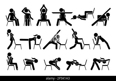 Chaise exercices de yoga figure bâton icônes de pictogramme. Illustrations vectorielles des postures, postures et exercices de yoga pour les débutants. Illustration de Vecteur