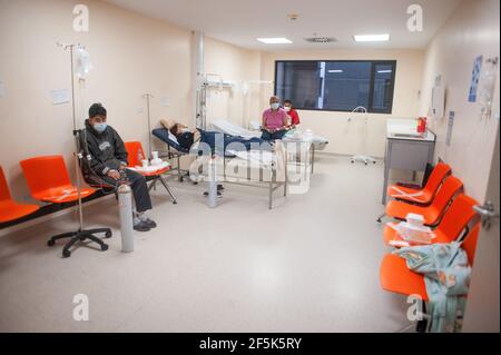 Plusieurs patients de la COVID19 vus sur des lits d'hôpital dans des salles de consultation dans l'aile d'urgence de l'hôpital IESS Quito sur. Au cours des dernières semaines, la capitale équatorienne a observé un rebond de Covid19 de nouveaux cas qui a causé une saturation des hôpitaux les plus importants de la ville, selon le Dr Francisco Mora, coordinateur de la surveillance épidémiologique et infectieuse de l'IESS SUR Hospital de Quito, Ce centre de santé est à 146% de sa capacité, ce qui a donné lieu à l'adaptation des salles d'attente et de consultation telles que les unités de soins intensifs dans l'aile d'urgence. (Photo de Juan Diego Monten Banque D'Images