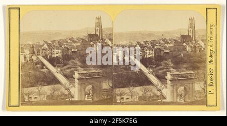 Vue de Fribourg et du grand pont suspendu. Banque D'Images