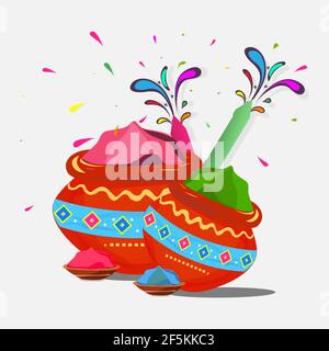 Illustration vectorielle de la poudre Holi traditionnelle colorée dans le pot et le bol est isolée en fond blanc. éléments holi, Happy Holi, affiche, bannière Illustration de Vecteur