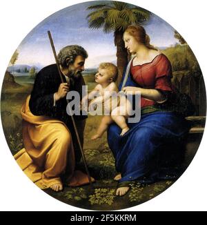 Raphael la Sainte famille avec un palmier. Banque D'Images