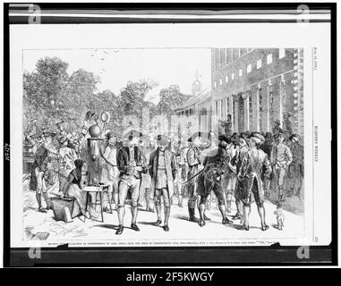 Lecture de la Déclaration d'indépendance de John Nixon, de The Steps of Independence Hall, Philadelphie, 8 juillet 1776 - dessiné par E.A. Abbaye. Banque D'Images