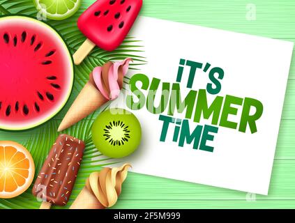 Modèle de vecteur d'heure d'été. C'est le texte de l'été dans un espace de cadre blanc avec des éléments de fruits tropicaux comme la crème glacée, le popsicle, le melon d'eau Illustration de Vecteur