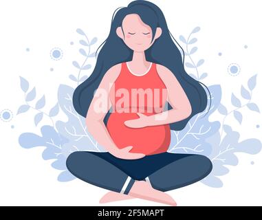 Femme enceinte faisant des poses de yoga avec détente, méditation, exercices d'équilibre et étirement. Illustration du vecteur de conception plate Illustration de Vecteur