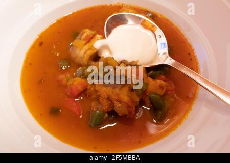 Halaszle, soupe hongroise de pêcheurs ou ragoût de poisson avec carpe, poivrons, paprika et crème de sour Banque D'Images