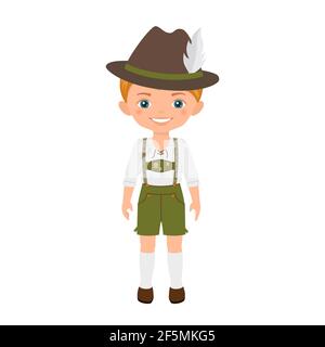 Adorable personnage de garçon en costume national allemand isolé sur fond blanc. Style dessin animé plat. Illustration vectorielle Banque D'Images