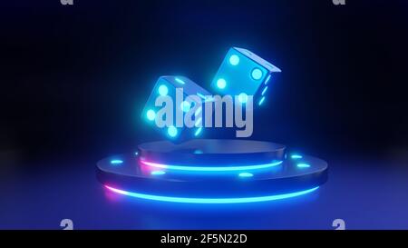 rendu 3d de deux dés de jeu de casino roulent sur un podium, illustré dans un style de lumière néon. Banque D'Images