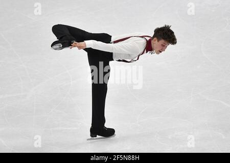 Lukas Britschgi, de Suisse, se produit lors du patinage libre des hommes aux Championnats du monde de patinage artistique de l'UIP à Stockholm, Suède, le 27 mars 2021. Photo Jessica Gow / TT Kod 10070 Banque D'Images