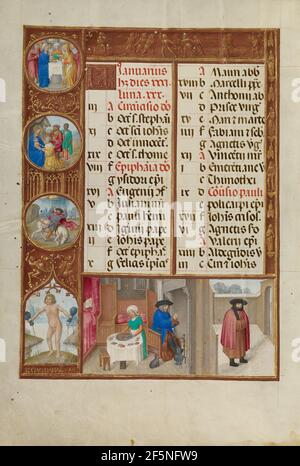 Page du calendrier de janvier; fête et réchauffement; Verseau. Atelier du Maître de James IV d'Ecosse (flamand, avant 1465 - vers 1541) Banque D'Images