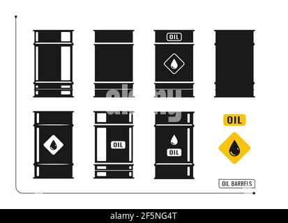 Le jeu de barils de pétrole est isolé sur un fond blanc. Silhouettes vectorielles noires. Le concept est l'extraction d'huile. Illustration de Vecteur