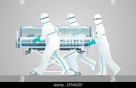Illustration vectorielle d'un groupe de médicaments dans des combinaisons de protection blanches, ils transportent un patient dans un chariot de transport. Illustration de Vecteur