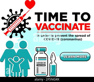 Signe d'arrêt du coronavirus barré par la seringue. Famille avec enfant, vaccin Covid-19 dans un flacon et une ampoule. Vaccination mondiale, en savoir plus à partir de l'atterrissage Illustration de Vecteur