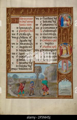 Page de calendrier de février; travailler dans un vignoble; poissons. Atelier du Maître de James IV d'Ecosse (flamand, avant 1465 - vers 1541) Banque D'Images