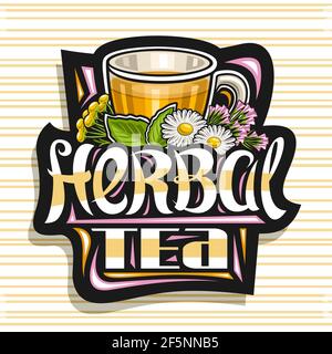 Logo vectoriel pour thé à base de plantes, signe décoratif foncé avec illustration d'une tasse de thé transparente avec boisson homéopathique orange chaude pour médication alternative Illustration de Vecteur