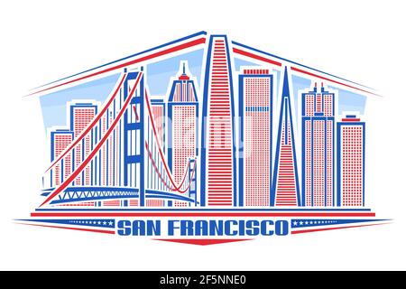 Illustration vectorielle de San Francisco, affiche horizontale avec paysage urbain américain sur fond de jour, concept urbain d'art de ligne avec lettrage unique pour W Illustration de Vecteur