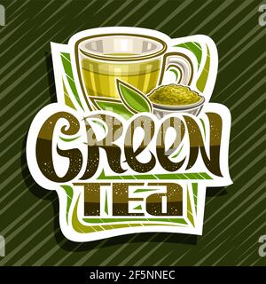 Logo vectoriel pour thé vert, étiquette décorative en papier découpé avec illustration de la théière transparente avec boisson chaude, petit bol avec thé mélangé séché, blanc Illustration de Vecteur