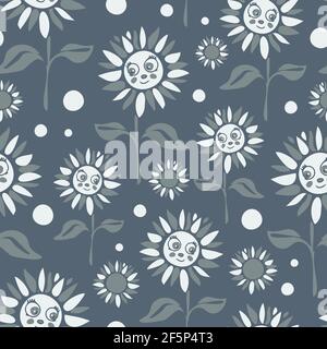 Motif vectoriel sans couture avec fleurs de dessin animé sur fond bleu. Papier peint fleuri simple pour les enfants. Textile de mode d'été heureux. Illustration de Vecteur