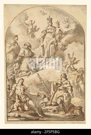 La Vierge couronnée et l'enfant dans la gloire, avec les saints Sebastian, Roch, Jérôme, et John Nepomuk. Gaspésie Diziani (italien, 1689 - 1767) Banque D'Images