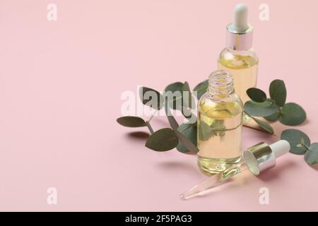 Bouteilles d'huile d'eucalyptus et brindilles sur fond rose Banque D'Images