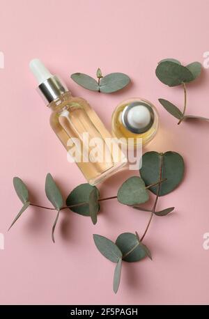 Bouteilles d'huile d'eucalyptus et brindilles sur fond rose Banque D'Images