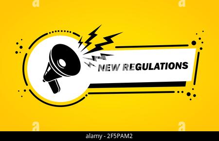 Bannière à bulle de discours de mégaphone avec nouvelles réglementations. Haut-parleur. Label pour les affaires, le marketing et la publicité. Vecteur sur arrière-plan isolé. SPE 10 Illustration de Vecteur