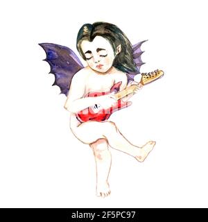 Diable ange avec guitare électrique rouge, isolé sur l'illustration aquarelle peinte à la main blanche Banque D'Images