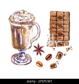 Café irlandais en verre, barre de chocolat noir, grains de café et anis étoilé, isolé sur l'illustration d'aquarelle peinte à la main blanche Banque D'Images