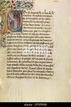 P initial : un fou guéri après avoir touché le corps de Saint Anthony. Maître du romuléon de Bruxelles ou atelier (flamand, actif vers 1465) Banque D'Images
