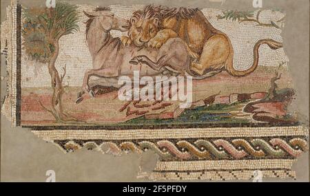 Mosaïque d'un Lion attaquant un Onager. Inconnu Banque D'Images