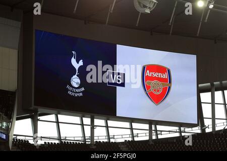 Vue générale du tableau de bord à l'intérieur du stade qui montre le dispositif du North London Derby d'aujourd'hui avant le début du match. Barclays Women's super League match, Tottenham Hotspur Women v Arsenal Women au Tottenham Hotspur Stadium à Londres le samedi 27 mars 2021 . cette image ne peut être utilisée qu'à des fins éditoriales. Utilisation éditoriale uniquement, licence requise pour une utilisation commerciale. Aucune utilisation dans les Paris, les jeux ou les publications d'un seul club/ligue/joueur.pic par Steffan Bowen/Andrew Orchard sports photographie/Alamy Live News Banque D'Images