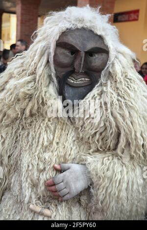 Masqué Busó assiste à la procession de carnaval le samedi Farsang pendant le carnaval de Busójárás à Mohács dans le comté de Baranya, en Hongrie. Célébration traditionnelle annuelle masquée du groupe ethnique Šokci tenue à la fin de la saison du carnaval (Farsang) dans le sud de la Hongrie. Banque D'Images