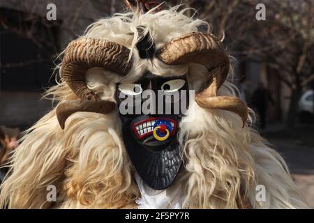 Masqué Busó participe au Carnaval de Busójárás le mardi Farsang à Mohács, dans le comté de Baranya, en Hongrie. Célébration traditionnelle annuelle masquée du groupe ethnique Šokci tenue à la fin de la saison du carnaval (Farsang) dans le sud de la Hongrie. Banque D'Images