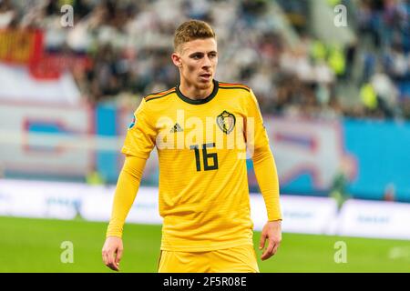 Saint-Pétersbourg, Russie – 16 novembre 2019. L'équipe nationale de football belge milieu de terrain Thorgan Hazard lors de l'UEFA Euro 2020 qualification match Russi Banque D'Images