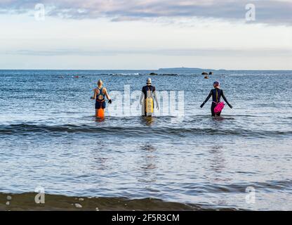 Des nageurs de femmes sauvages ou en eau libre portant des combinaisons avec des flotteurs de flottabilité entrent dans le Firth of Forth Sea, North Berwick, East Lothian, Écosse, Royaume-Uni Banque D'Images