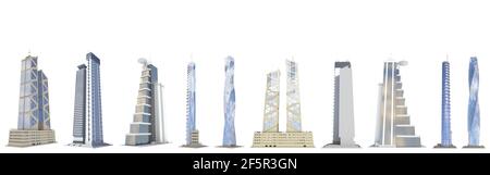 10 vue latérale des rendus très détaillés de la conception fictive de bâtiments hautes technologies avec des reflets de ciel bleu - isolé, illustration 3d de l'architecture Banque D'Images