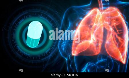 cg médicale 3d illustration, poumons humains frappé par un comprimé Banque D'Images