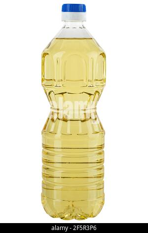 Huile végétale ou de tournesol dans une bouteille en plastique isolée sur fond blanc. Le fichier contient le chemin du clip. Banque D'Images