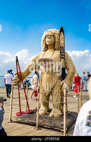 KRASNAYA POLYANA, SOTCHI, RUSSIE - FERUARY 14, 2020: Les gens s'engagent dans les sports extrêmes d'hiver. Skieurs de descente et snowboarders Banque D'Images