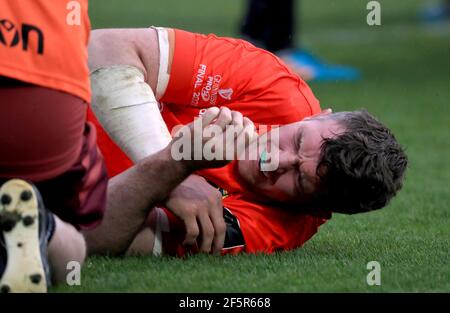 Peter O'Mahony de Munster réagit à une blessure lors du match final Guinness PRO14 à la RDS Arena de Dublin, en Irlande. Date de la photo: Samedi 27 mars 2021. Lors du match final Guinness PRO14 à la RDS Arena de Dublin, Irlande. Date de la photo: Samedi 27 mars 2021. Banque D'Images