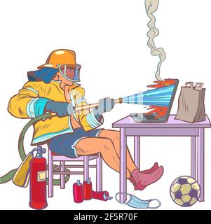 un pompier met un feu avec de l'eau, devoirs en ligne. Discussion sur Internet Illustration de Vecteur