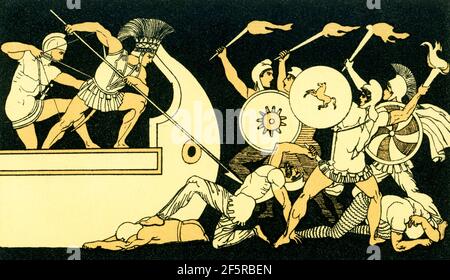 Cette illustration des années 1880 accompagnait un livre sur Homer et ses épopées, l'Iliad et l'Odyssée. Il montre la scène dans l'Iliad quand le héros grec défend les navires grecs contre les chevaux de Troie. Banque D'Images