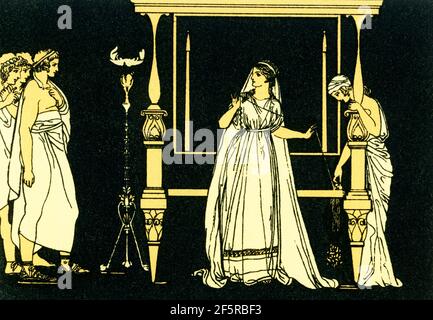 Cette illustration des années 1880 accompagnait un livre sur Homer et ses épopées, l'Iliad et l'Odyssée. Il montre la scène dans l'Odyssée avec Penelope, l'épouse du héros grec Odysseus (Ulysses), surpris par les suiteurs lorsqu'elle est en train de tisser. Selon la tradition grecque, Penelope était l'épouse d'Odysseus, roi d'Ithaca. Odysseus a passé 10 ans à lutter contre les chevaux de Troie (la guerre de Troie aurait été d'environ 1184 avant JC) et ensuite 10 ans à essayer de rentrer à la maison. Pendant ce temps, les suiteurs de Penelope ont fait de son palais leur maison. Banque D'Images